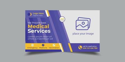 plantilla de banner web de atención médica y miniatura de video. diseño de banner de promoción de hospital médico editable vector