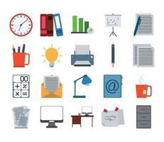 office supply stationery work business flat style icons set vector