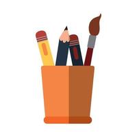 escuela educación cepillo pluma lápiz suministros en una taza plana icono con sombra vector