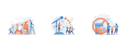 Firefighter extinguishing flame character, news, interviews, music, voice acting, sound recording on the radio into a microphone, vector