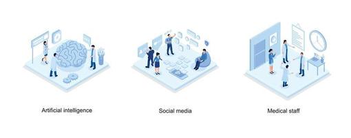 Artificial intelligence concept, People Characters standing near Smartphone and looking at new Social Media Post, Different medical staff characters, set isometric vector illustration