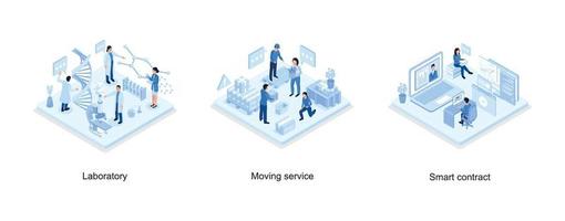 Medical laboratory concept, Ready for Transportation Carton Boxes Stack standing on Floor, Smart contract concept, set isometric vector illustration