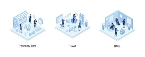 Pharmacy store concept with characters, People ready for vacation, Coworkers in office concept design, set isometric vector illustration