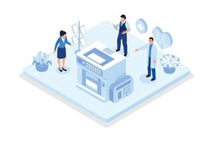 Doctor checks blood pressure and examine cardiogram and pulse on EKG monitor, isometric vector modern illustration, isometric vector modern illustration