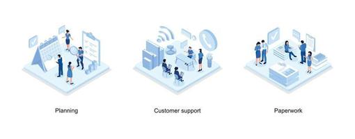 People Planing and Putting Check Mark on Laptop Screen, Customer support concept, People do paperwork concept design, set isometric vector illustration