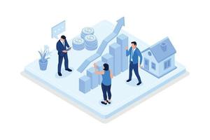 Characters manage finances. People calculating and analyzing personal or corporate budget, managing financial income, consulting with accountant, isometric vector modern illustration