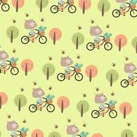 Seamless pattern with cute bear cub riding a bicycle perfect for wrapping paper vector