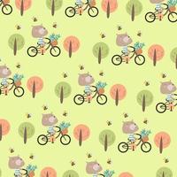 Seamless pattern with cute bear cub riding a bicycle perfect for wrapping paper vector