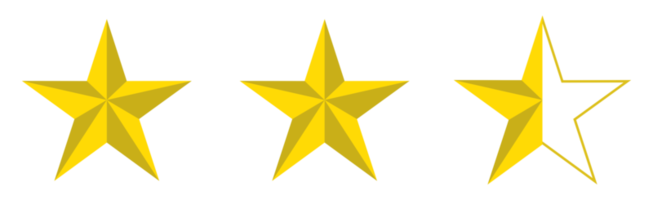 3d visual del signo de cinco, 5 estrellas. símbolo de icono de calificación de estrellas para pictograma, aplicaciones, sitio web o elemento de diseño gráfico. ilustración de la calificación 2, 5 estrellas. formato png