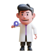 3d rendering of cute scientist character illustration looking for something with a magnifying glass, research png