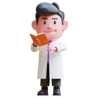 3d rendering of cute scientist character illustration reading a book png