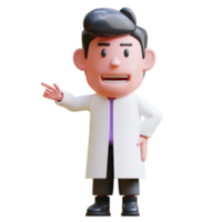 3d rendering of cute scientist character illustration pointing png
