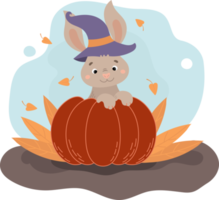 coelhinho fofo sentado em uma abóbora, feliz dia das bruxas. ilustração de pôster de outono png
