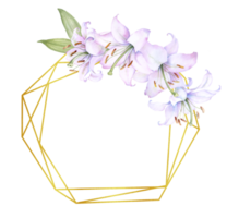 marco de metal dorado cuadrado con flores de lirio blanco y rosa, ilustración de acuarela, para decorar invitaciones de boda, álbumes y carteles png
