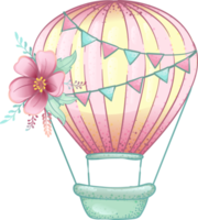 rosa varm luft ballong dekorera med blomma , hand dragen tecknad serie illustration png