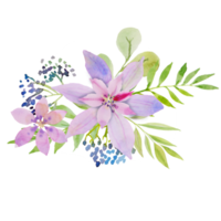 une branche de belles fleurs violettes délicates avec des feuilles. dessin à la main pour cartes de voeux, salutations, impression. png