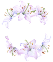 ronde kader krans met wit lelie bloemen, waterverf illustratie. geïsoleerd Aan wit. ideaal voor decoreren bruiloft uitnodigingen, albums, en posters