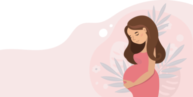 pregnant cute woman holding her belly . Pregnancy  illustration in cartoon style. png