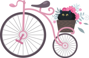 retro årgång cykel med en korg av blommor och en svart katt. illustration i tecknad serie platt stil png