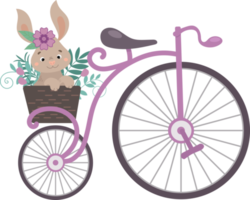 bicicleta vintage con una canasta de flores y un lindo conejo. ilustración en estilo plano de dibujos animados