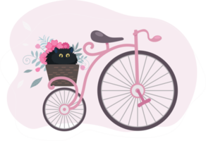 bicicleta retro vintage con una cesta de flores y un gato negro. ilustración en estilo plano de dibujos animados png