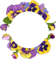 cadre rond avec fleurs de pensée, alto de couronne, ornement de feuilles vertes de fleurs jaunes et violettes