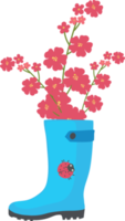 blue rubber boot with red flowers and ladybug. Illustration on the theme of gardening png