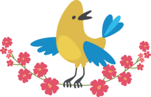 Yellow bird sits on a branch with red flowers png