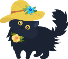 nero gatto nel giallo estate cappello con fiori, cartone animato stile png