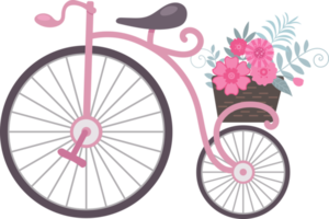 Retro vintage pink bicycle with a basket of flowers, cartoon flat style illustration png