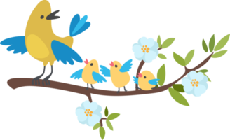 Yellow bird with chicks on a flowering branch png