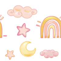 måne, stjärnor och varm luft ballong, mönster i boho tecknad serie stil, sömlös mönster png
