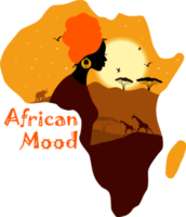 Tropical landscape in african map with beautiful woman from Africa in turban. African savannah card with sunset. png