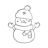 Smiling cute snowman with scarf, mittens and hat. Christmas character in black linear drawing style. Png on transparent background