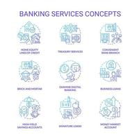 Banking services blue gradient concept icons set. Financial operations system. Money protection idea thin line color illustrations. Isolated symbols. vector