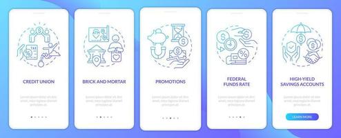 Savings accounts blue gradient onboarding mobile app screen. Banking service walkthrough 5 steps graphic instructions with linear concepts. UI, UX, GUI template. vector