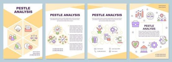 PESTLE analysis yellow brochure template. Management tool. Leaflet design with linear icons. Editable 4 vector layouts for presentation, annual reports.