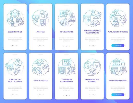Choosing credit union and bank blue gradient onboarding mobile app screen set. Walkthrough 5 steps graphic instructions with linear concepts. UI, UX, GUI template.