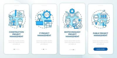 Project management types blue onboarding mobile app screen. Industries walkthrough 4 steps editable graphic instructions with linear concepts. UI, UX, GUI template. vector