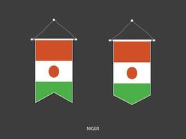 bandera de níger en varias formas, vector de banderín de bandera de fútbol, ilustración vectorial.