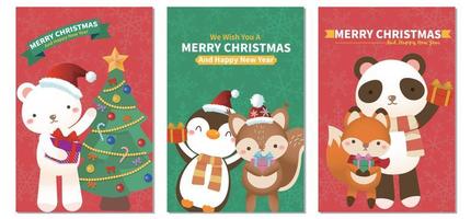 Set of Christmas Cards Animals Holding Gifts Wishing Merry Christmas