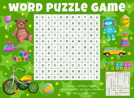 Cartoon kids toys word search puzzle worksheet vector