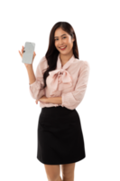 Portrait of a smiling asian woman using smartphone cutout, Png file