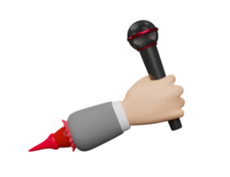 cartoon character journalist hands holding black microphone isolated. 3d illustration or 3d render png