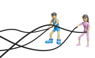 pessoas de fitness de personagem de desenho animado com cordas de batalha exercitam-se no ginásio. exercício para o conceito de saúde, ilustração 3d ou renderização 3d png