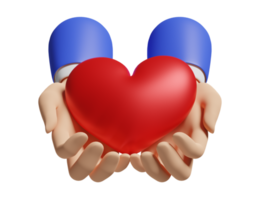 cartoon hands holding red heart isolated. health love or world heart day concept, 3d illustration or 3d render png