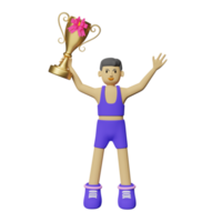 cartoon character athlete man holds gold champion cup isolated. 3d render illustration png