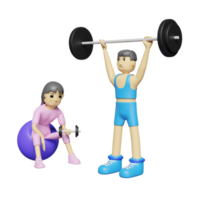 hombre de fitness de personaje de dibujos animados haciendo pesas de peso muerto sobre la cabeza con mujer levantando pesas en el gimnasio. ilustración 3d o renderizado 3d png