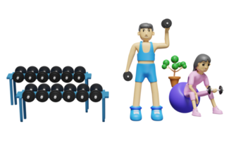 fitness homem e mulher levantando haltere, ilustração 3d ou renderização 3d png