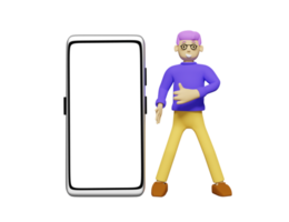 Character cartoon man standing near smart phone and shows thumb up isolated. smartphone with blank white screen, mockup template concept, 3d illustration or 3d render png